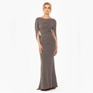 Betsy & Adam Cape-Back Metallic Evening Gown